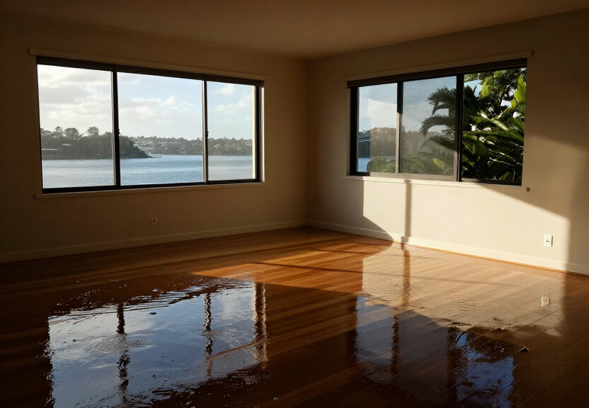 Flooded living room in Woodcroft before water extraction